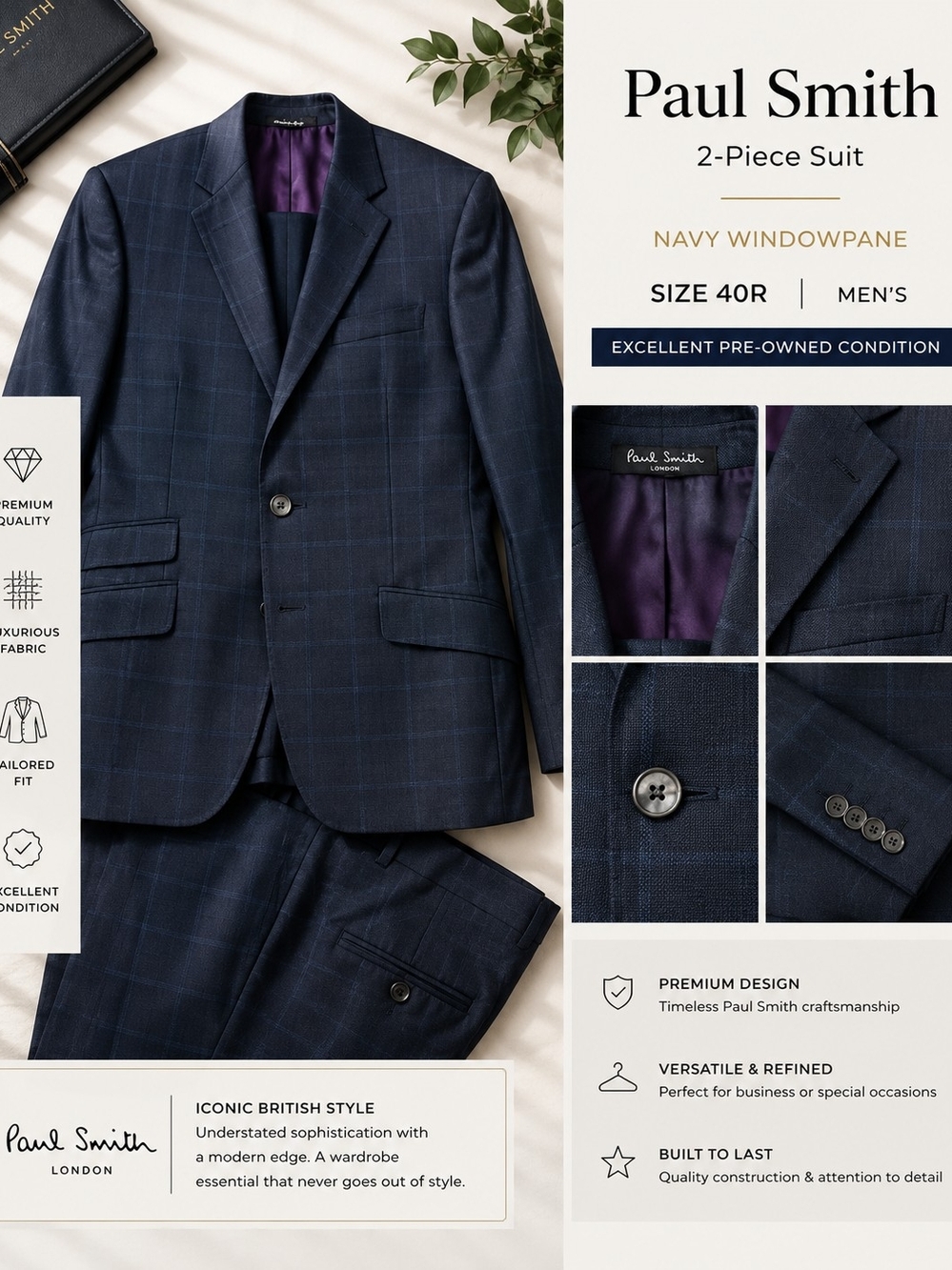 Paul Smith Navy Windowpane Two-Piece Suit with Purple Lining